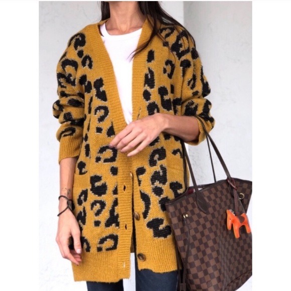 J.O.A Metallic Chunky Knit Leopard Cardigan M L - Picture 2 of 6